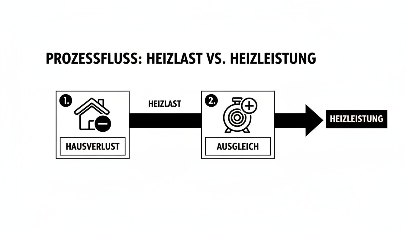 Diagramm zum Prozessfluss von Heizlast vs. Heizleistung. Es zeigt Hausverlust, Heizlast, Ausgleich und Heizleistung.
