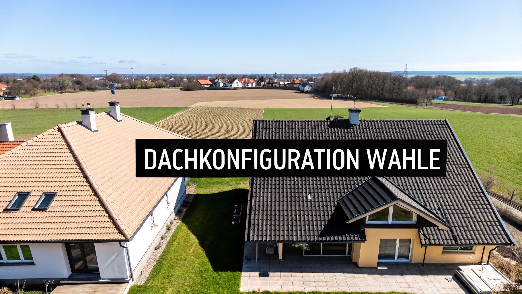 Zwei Häuser mit unterschiedlichen Dachkonfigurationen, das eine hellbraun, das andere dunkelgrau, mit einem Schriftzug 'DACHKONFIGURATION WAHLE'.