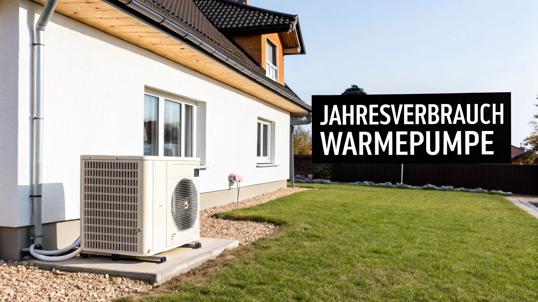 Eine Wärmepumpe steht vor einem modernen Einfamilienhaus mit grünem Rasen und einem Schild zum Jahresverbrauch.