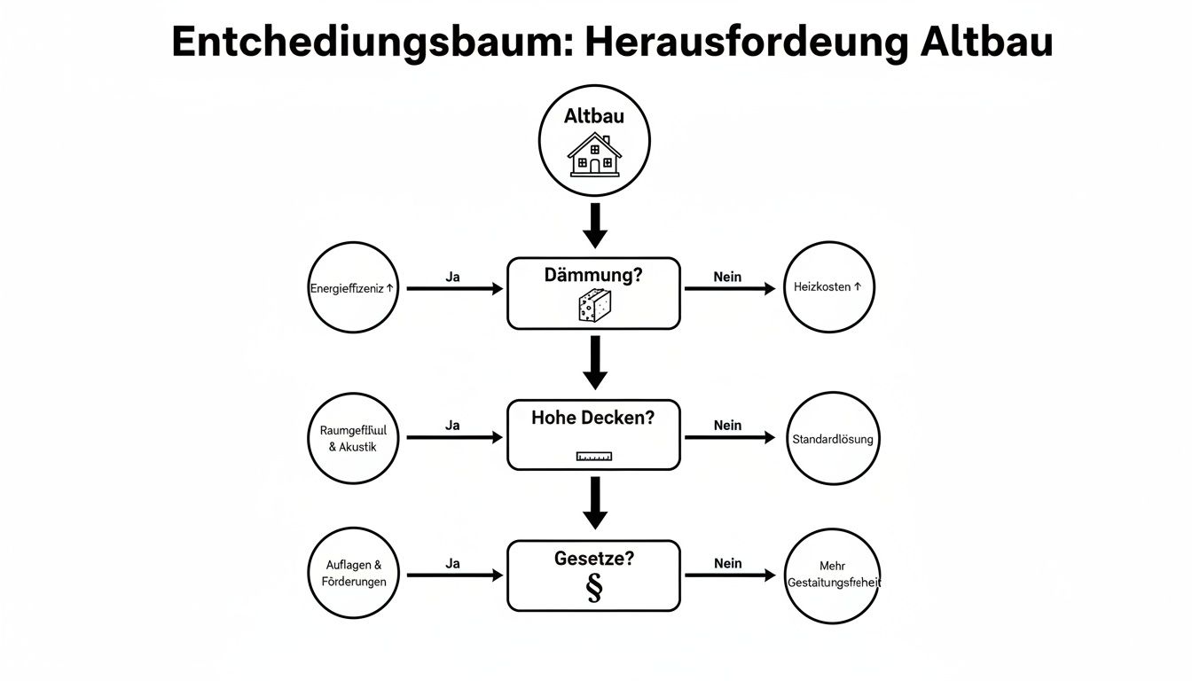 Entscheidungsbaum: Altbau-Herausforderungen zu Dämmung, hohen Decken und Gesetzen mit Auswirkungen auf Energieeffizienz, Akustik und Gestaltungsfreiheit.