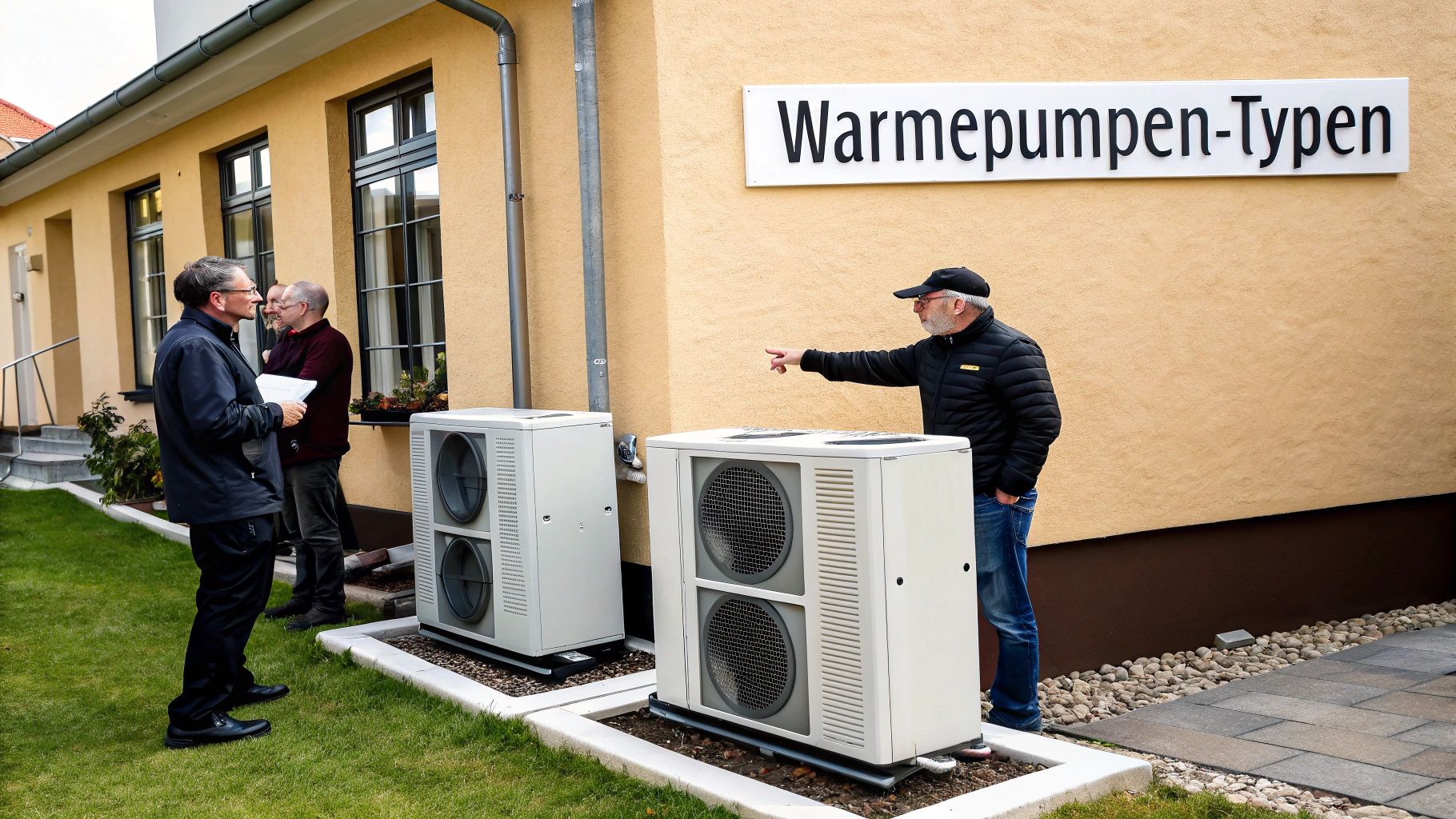 Drei Männer betrachten Wärmepumpen vor einem Gebäude, auf dem 'Wärmepumpen-Typen' steht.