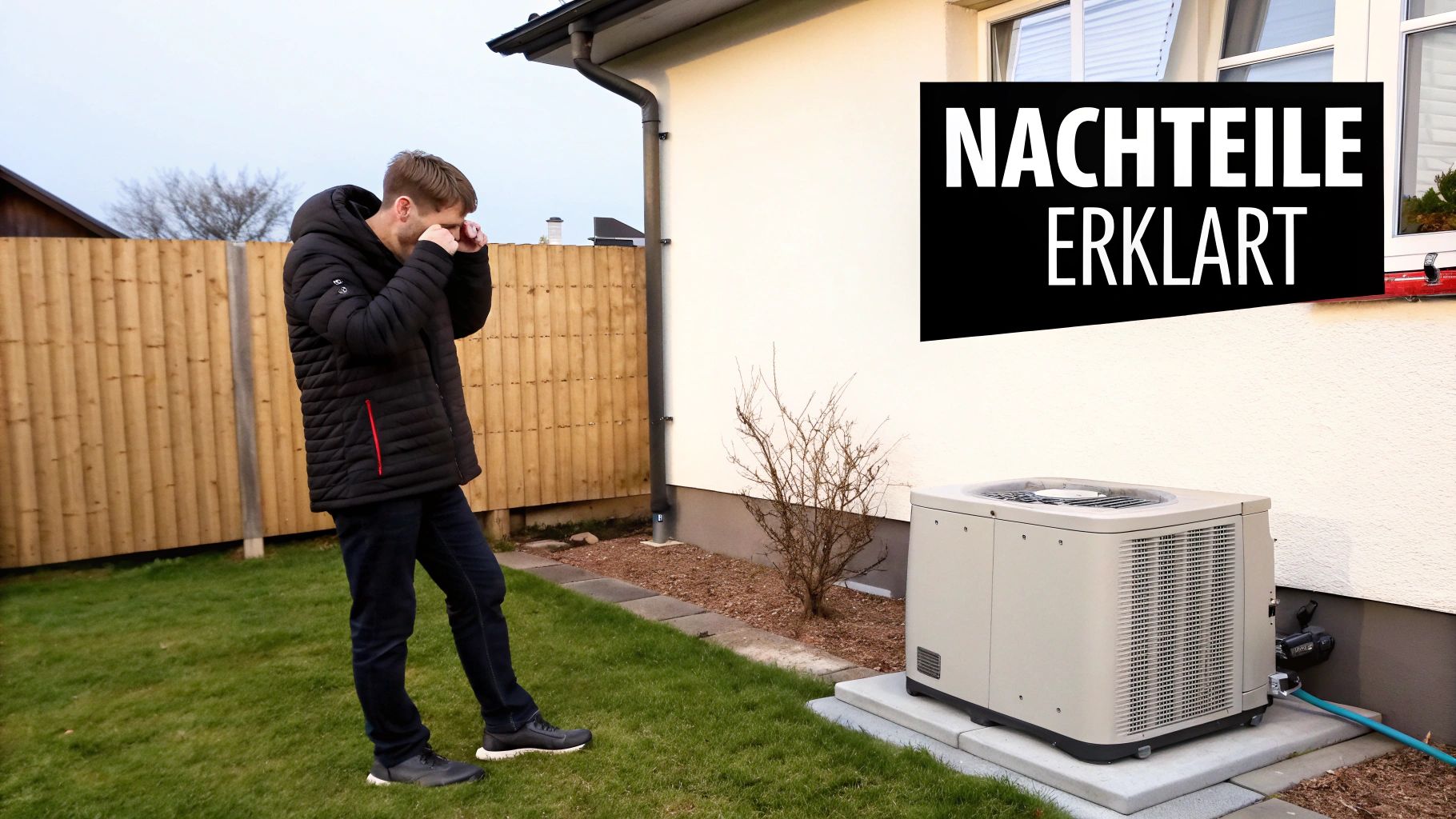 Ein Mann reibt sich die Augen neben einer Wärmepumpe, mit Text 'NACHTEILE ERKLÄRT'.
