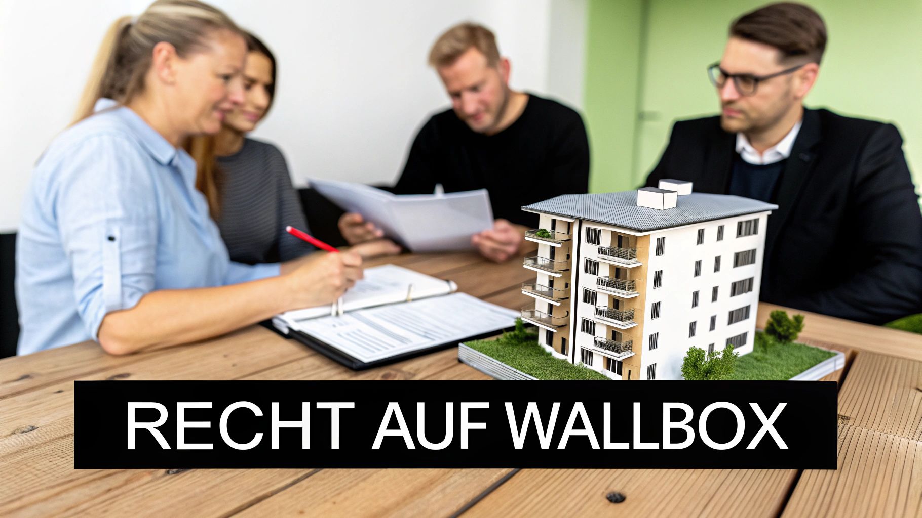 Vier Personen besprechen an einem Tisch ein Modell eines Mehrfamilienhauses und das Recht auf Wallbox.