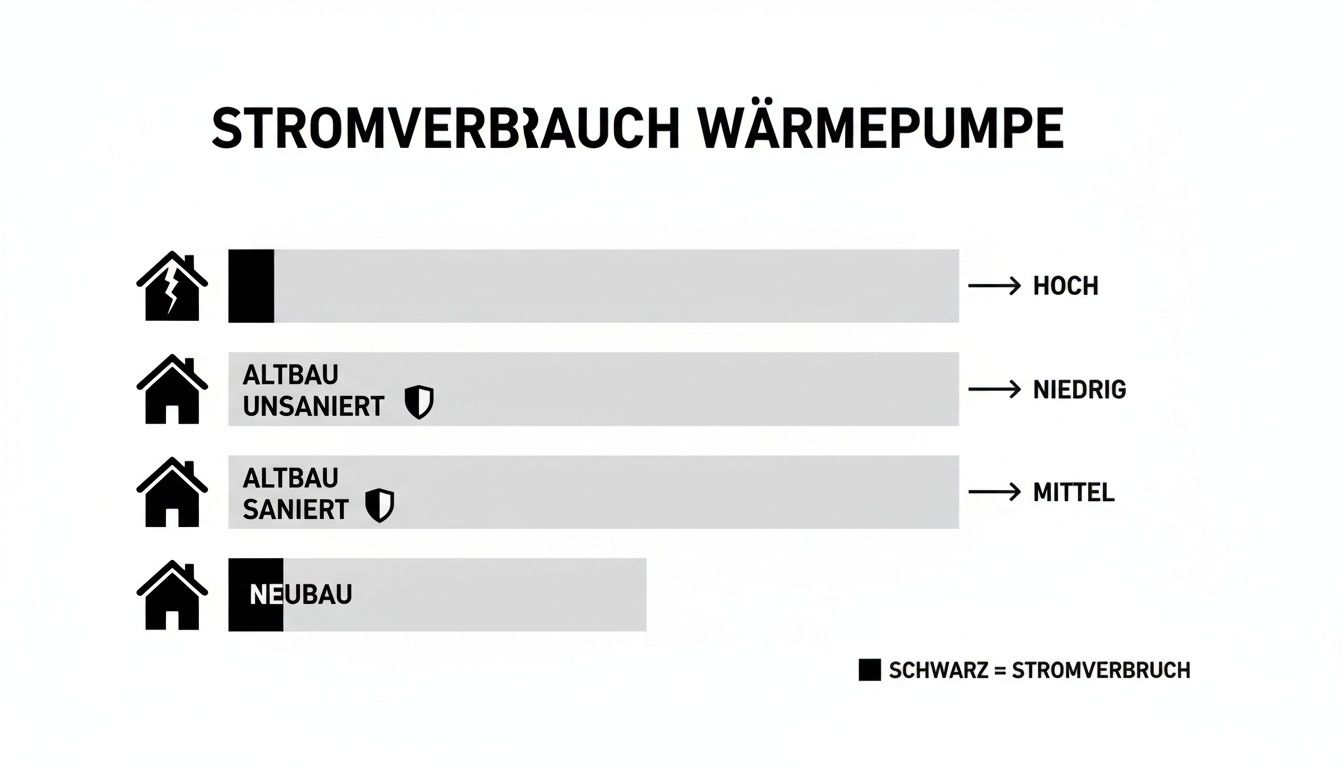 Grafik zum Stromverbrauch von Wärmepumpen in verschiedenen Haustypen (Neubau, Altbau saniert/unsaniert) und deren Effizienz.