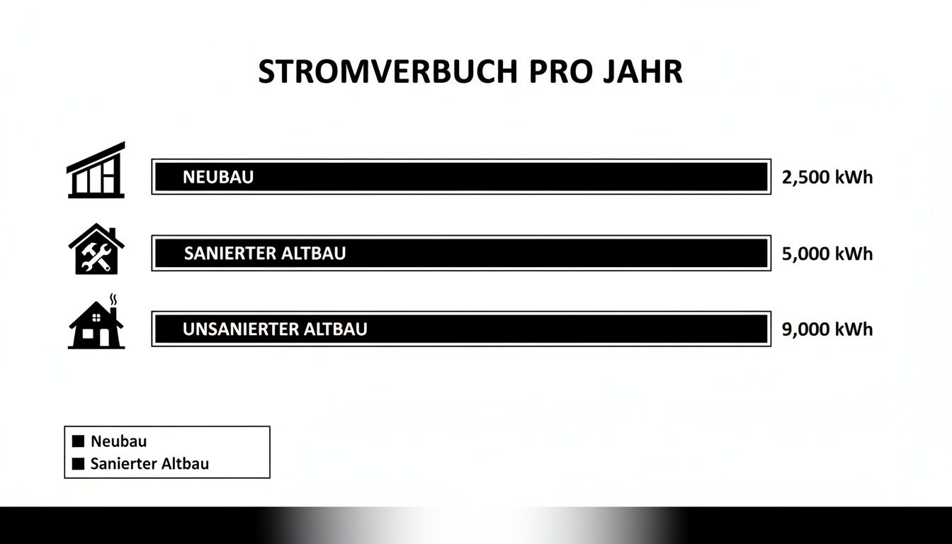 Übersicht des jährlichen Stromverbrauchs für Neubau, sanierten Altbau und unsanierten Altbau mit kWh-Angaben.