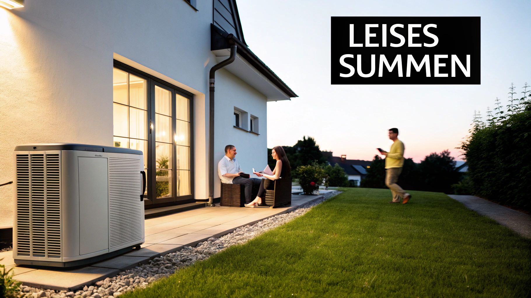Modernes Haus mit leiser Wärmepumpe im Garten, während Menschen entspannen, bei Sonnenuntergang.