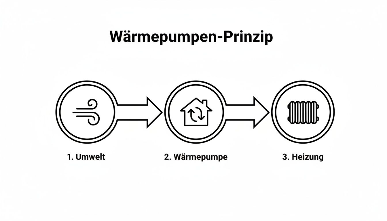 Schematische Darstellung des Wärmepumpen-Prinzips, das die Wärmeübertragung von der Umwelt über eine Wärmepumpe zur Heizung zeigt.