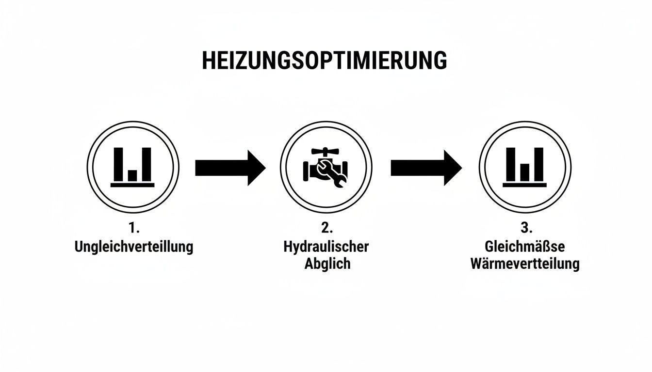 Prozess der Heizungsoptimierung: Von ungleichmäßiger zu gleichmäßiger Wärmeverteilung durch hydraulischen Abgleich.
