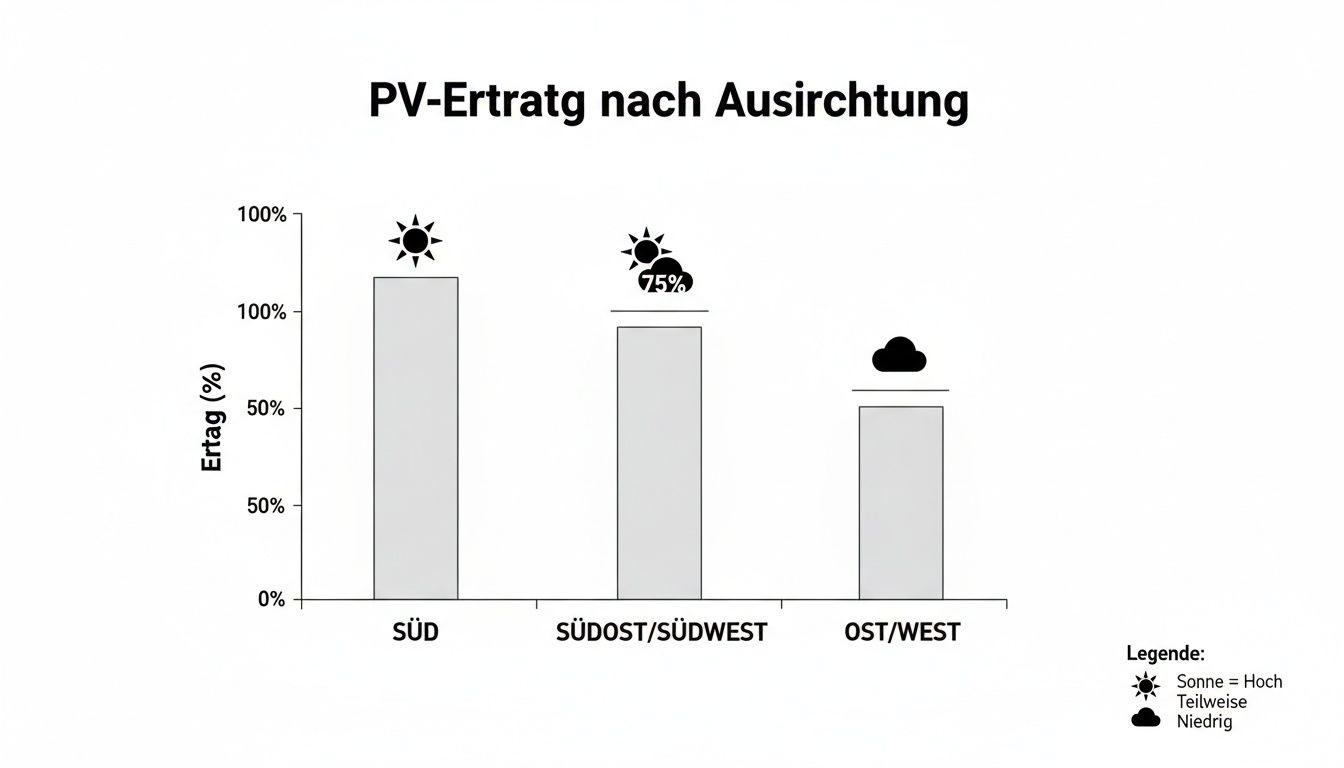 Balkendiagramm zeigt PV-Ertrag in Prozent nach Ausrichtung: Süd 100%, Südost/Südwest ~95%, Ost/West ~55%.