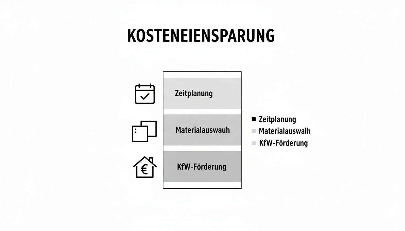 Infografik zur Kosteneinsparung: Zeitplanung, Materialauswahl und KfW-Förderung sind visuell dargestellt.