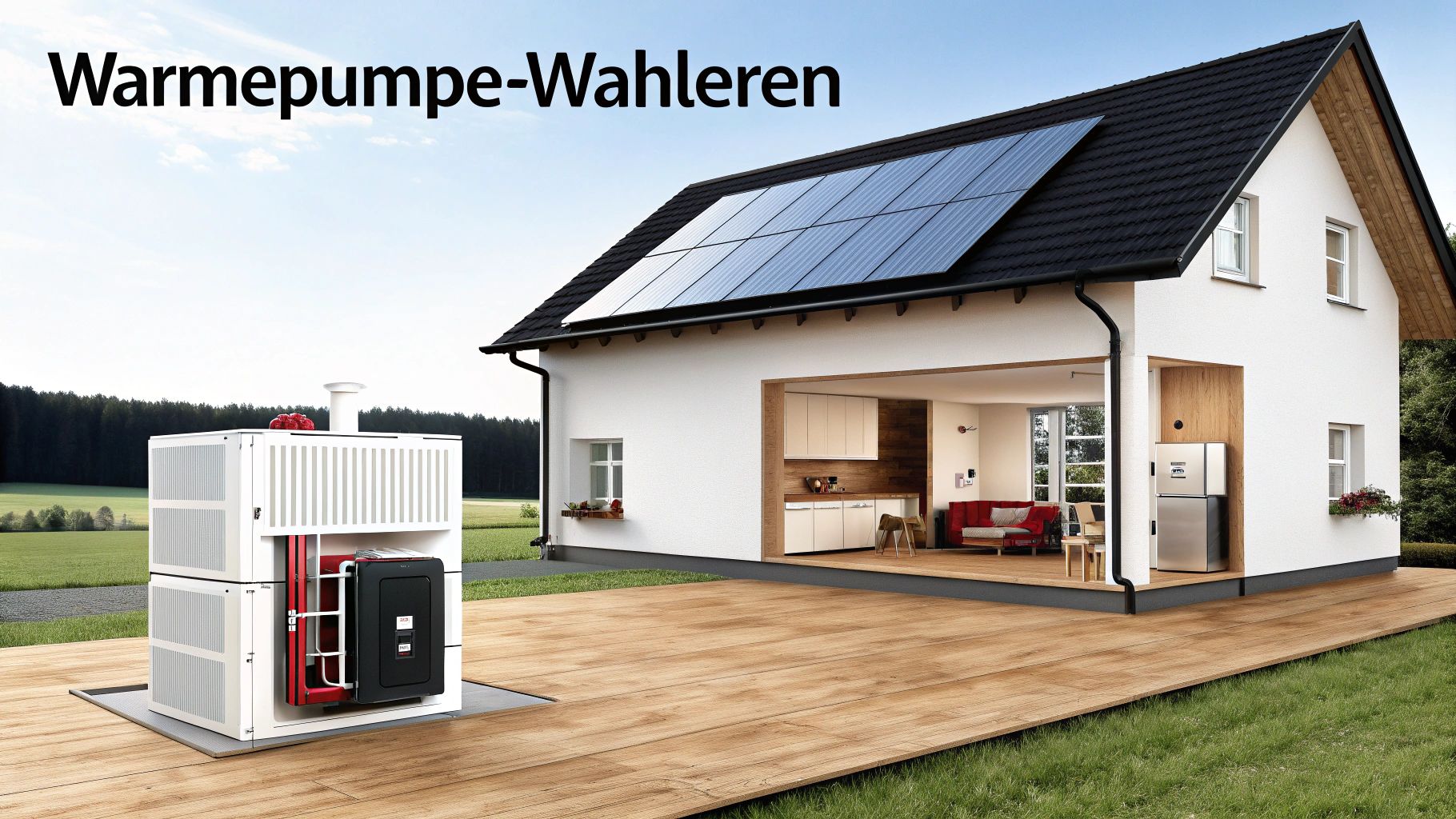 Modernes Haus mit Wärmepumpe, Solaranlage auf dem Dach und offenem Wohnbereich im Grünen.