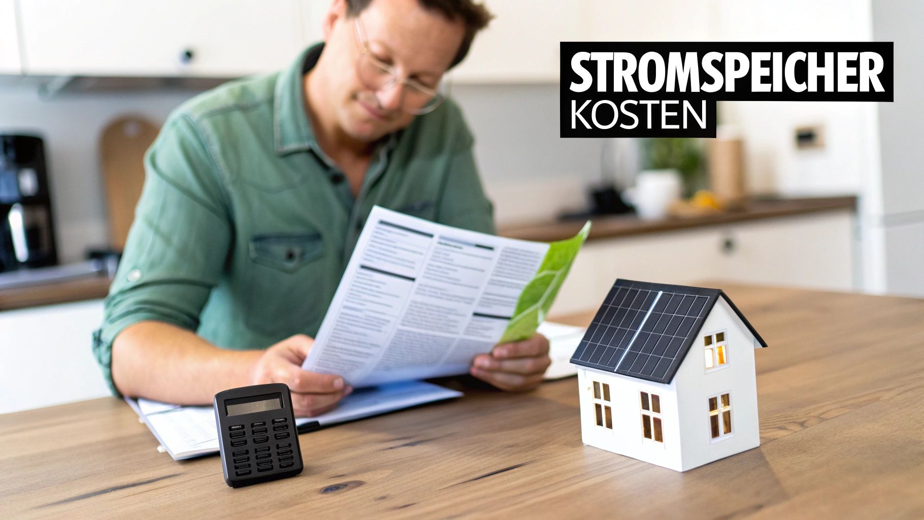 Mann berechnet Kosten für Stromspeicher und Solarstromanlage mit einem Hausmodell und Rechner.