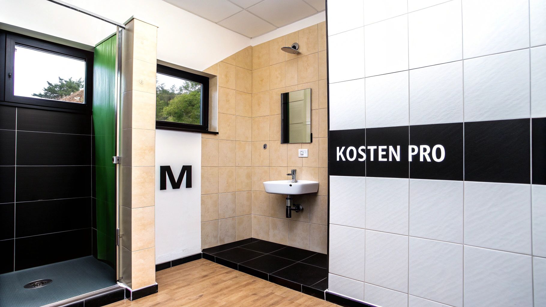 Modernes Badezimmer mit Dusche, Waschbecken, Spiegel und beigefarbenen sowie schwarzen Fliesen.