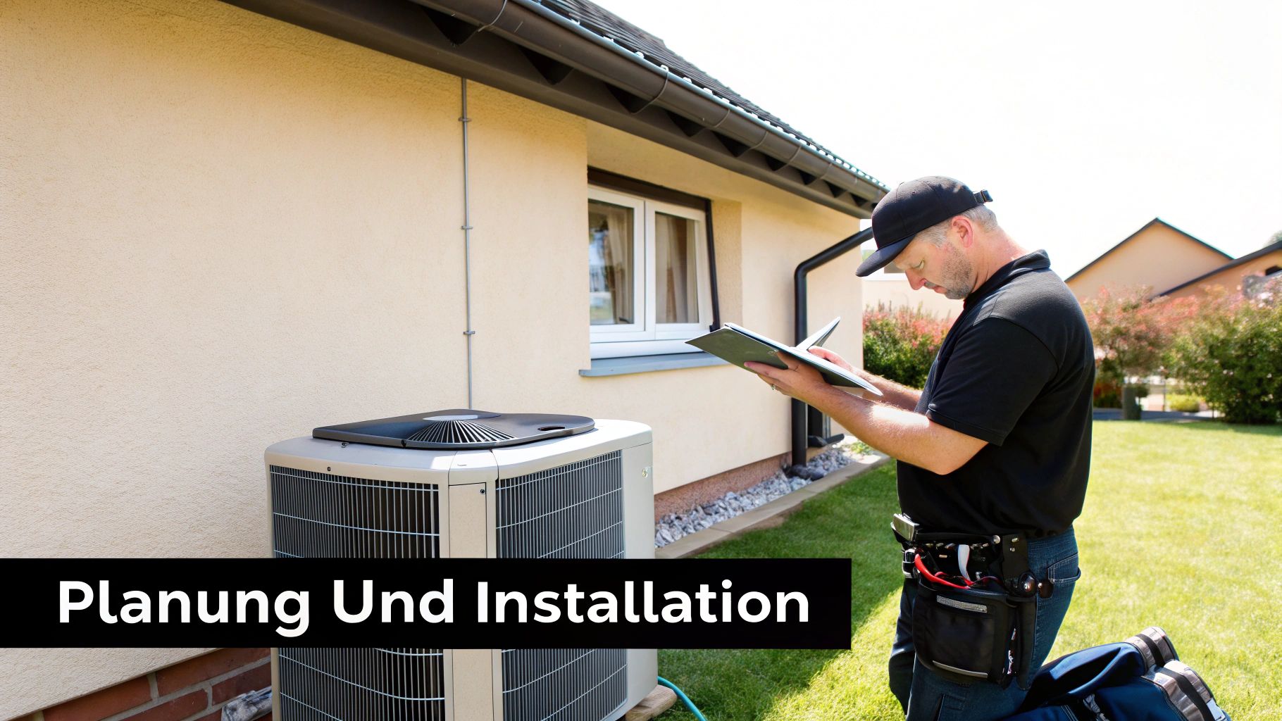 Ein Techniker prüft eine Wärmepumpe oder Klimaanlage vor einem Haus, während der Text 'Planung Und Installation' eingeblendet ist.