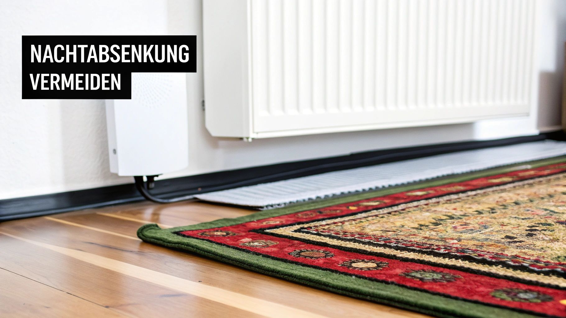 Szene mit Heizkörper, Smart-Home-Gerät und Teppich, um Energieverlust durch Nachtabsenkung zu vermeiden.