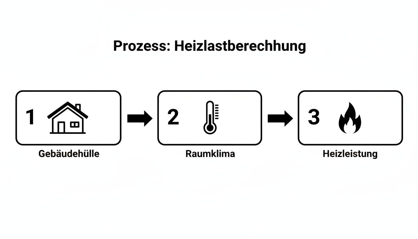 Prozessdiagramm zur Heizlastberechnung: Schritte von Gebäudehülle über Raumklima zur Heizleistung dargestellt.