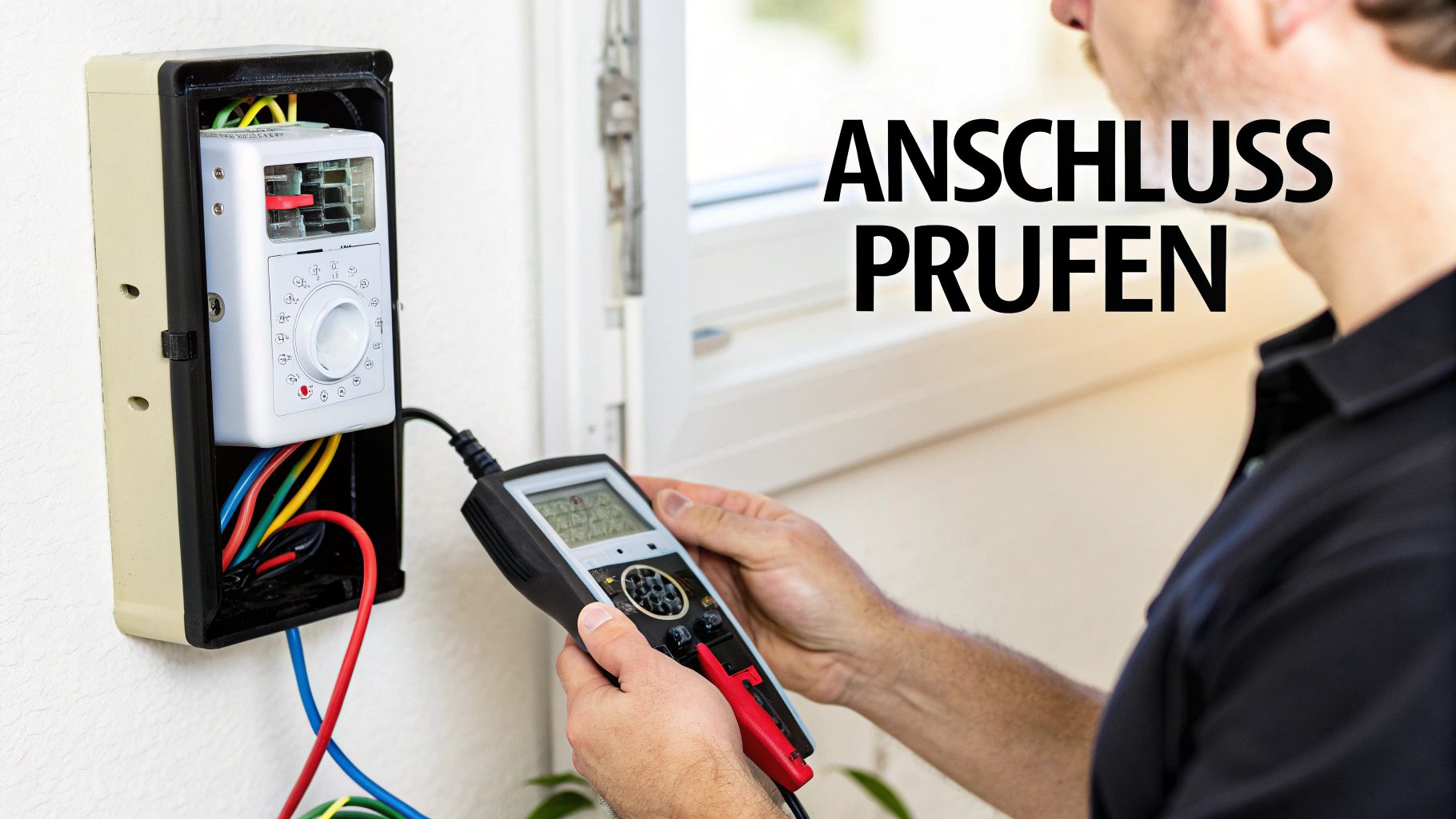 Elektriker prüft mit Multimeter Anschlüsse in einer Wallbox oder einem Verteilerkasten an der Wand.