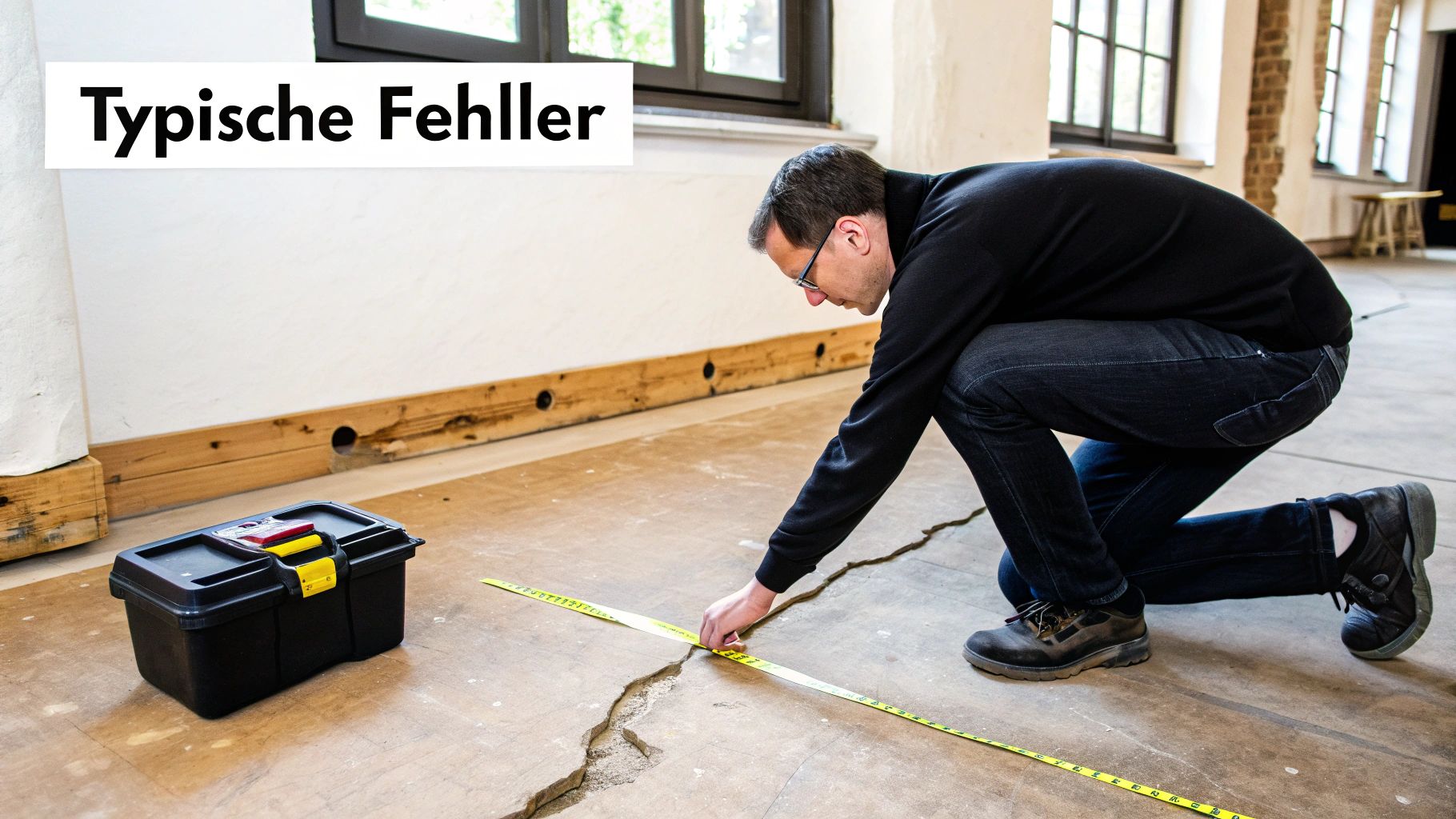 Mann misst einen Riss im Boden mit einem Maßband, daneben steht eine Werkzeugkiste. Überschrift: Typische Fehler.