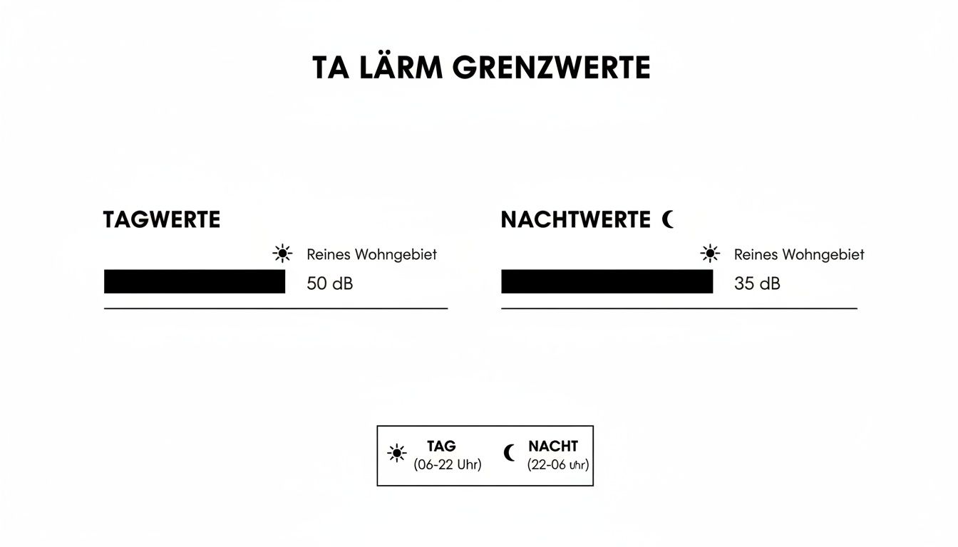 Die Infografik zeigt die TA Lärm Grenzwerte für reine Wohngebiete, aufgeteilt in Tag- und Nachtwerte.
