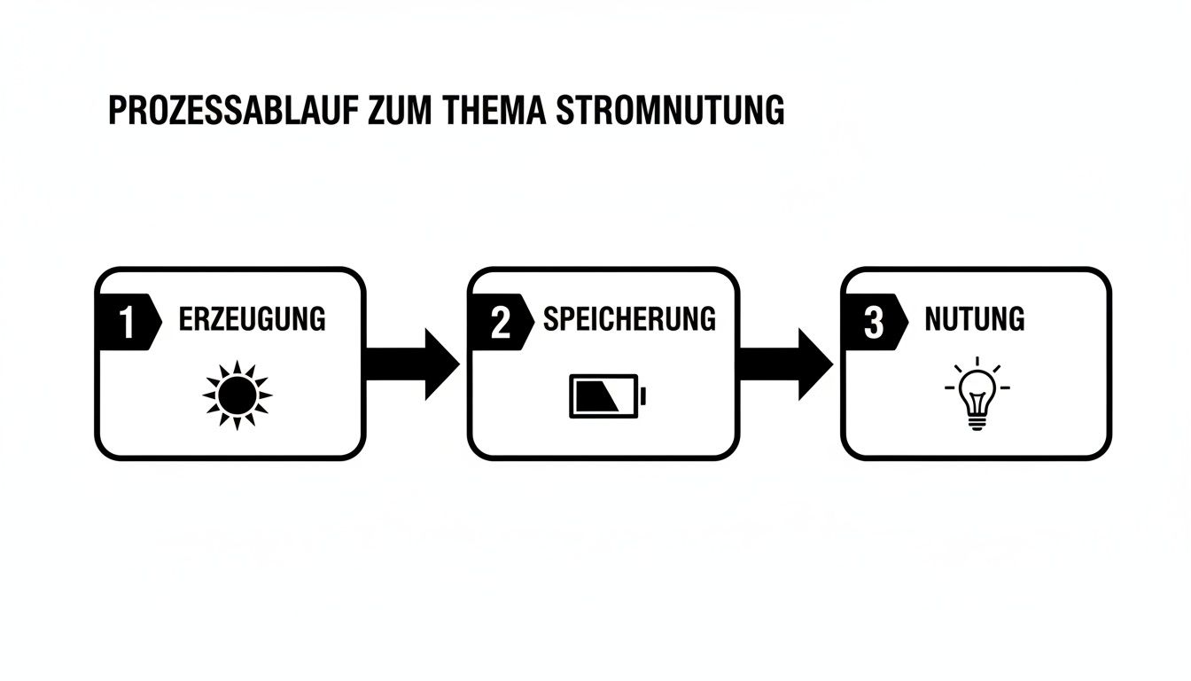 Prozessablauf zur Stromnutzung: Erzeugung (Sonne), Speicherung (Batterie) und Nutzung (Glühbirne) in drei Schritten dargestellt.
