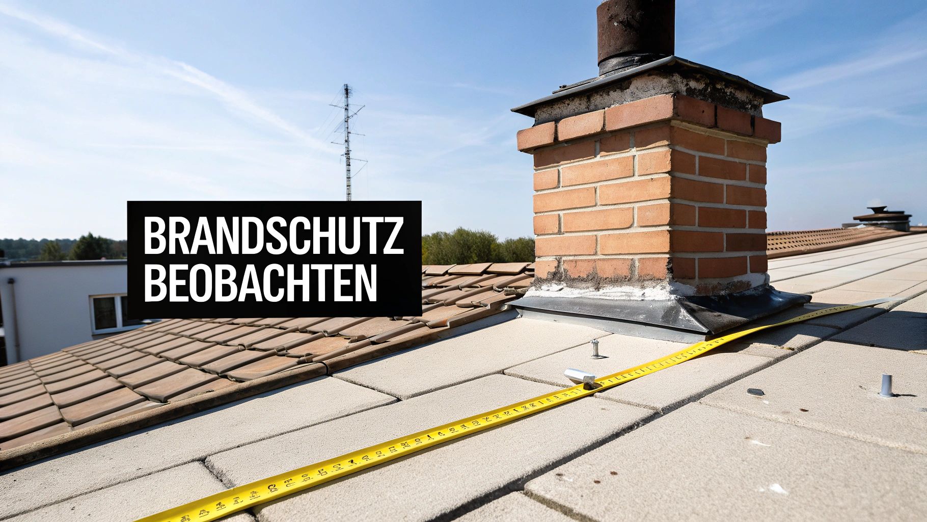 Dachansicht mit Ziegeln, Schornstein und einem Messband, unter einem Hinweisschild "BRANDSCHUTZ BEOBACHTEN".