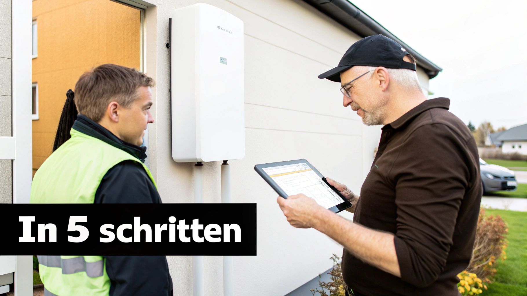 Zwei Männer besprechen ein an der Wand montiertes weißes Gerät, möglicherweise einen Stromspeicher, mit Tablet. Text: 'In 5 schritten'.