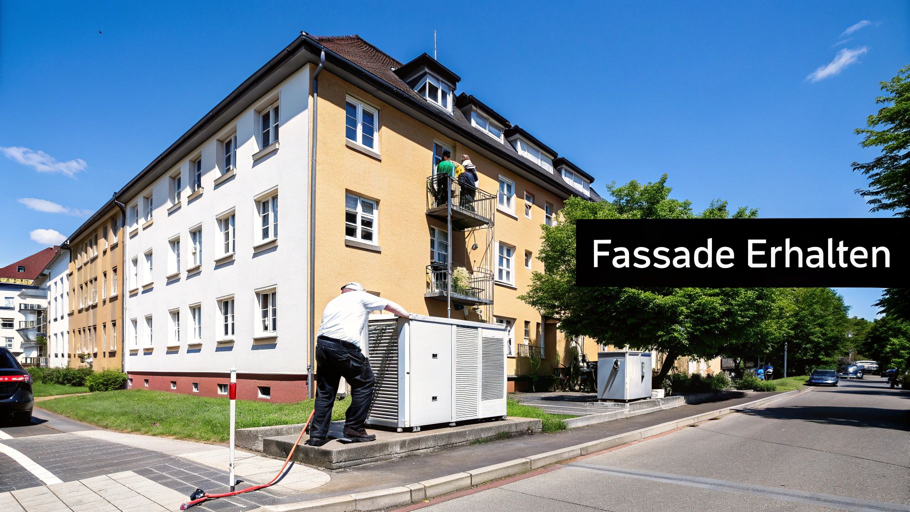 Mehrfamilienhaus mit Arbeitern an der Fassade und einer Wärmepumpe im Vordergrund unter blauem Himmel.