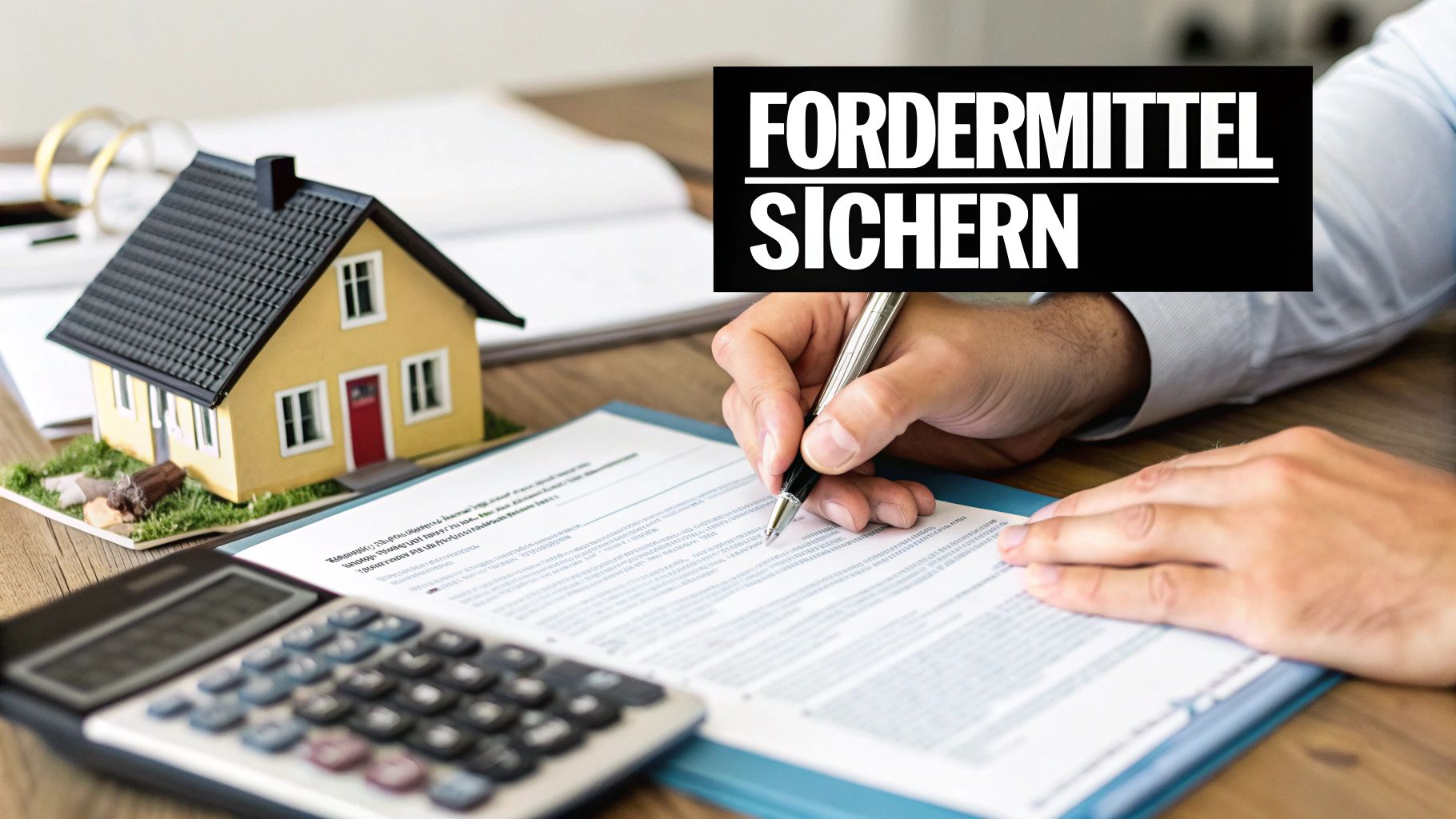Person unterschreibt Dokument neben Modellhaus und Rechner; Text: Fördermittel sichern für Eigenheim.