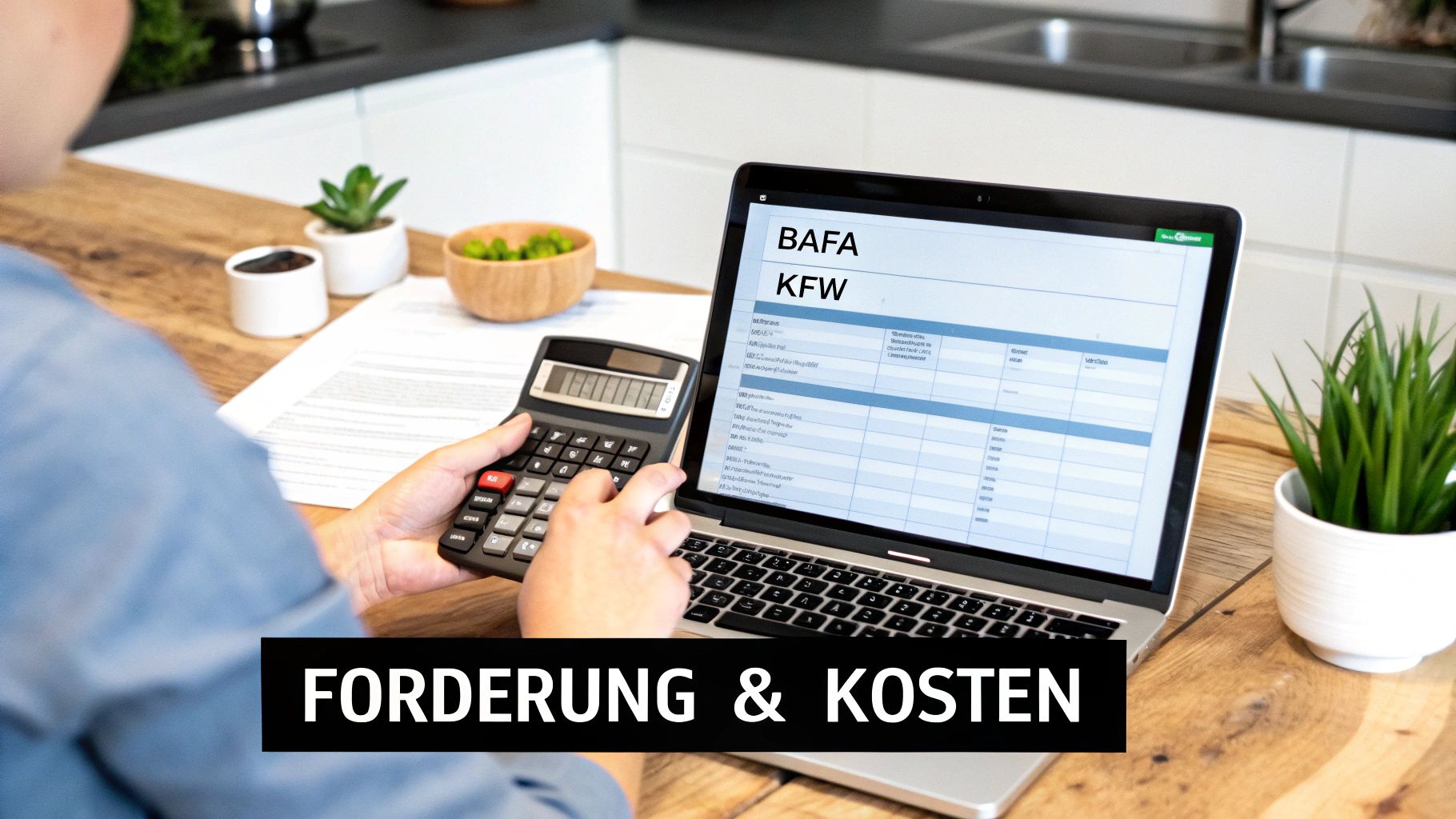 Person rechnet am Schreibtisch mit Taschenrechner und Laptop zu Förderungen (BAFA, KFW) und Kosten.