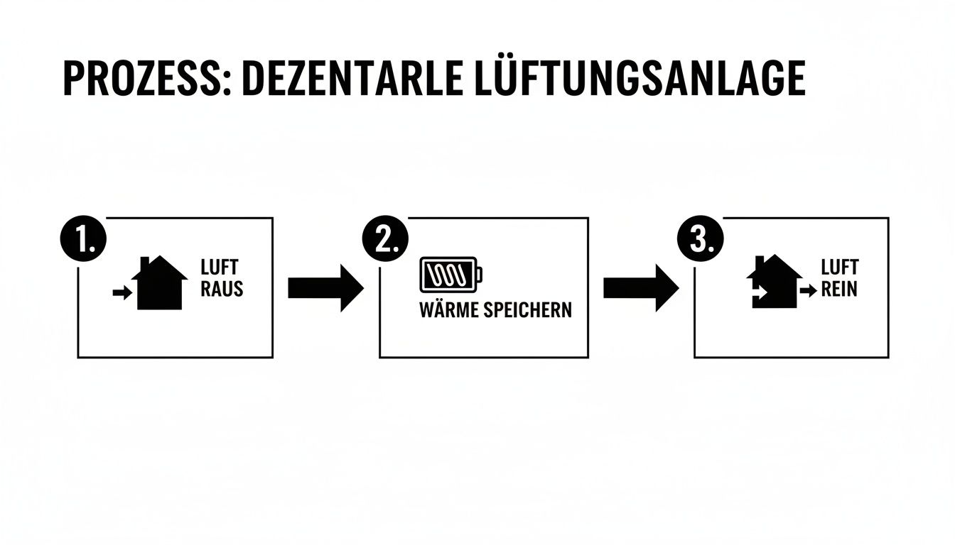 Grafik zeigt den Dreischritt-Prozess einer dezentralen Lüftungsanlage mit Wärmerückgewinnung.