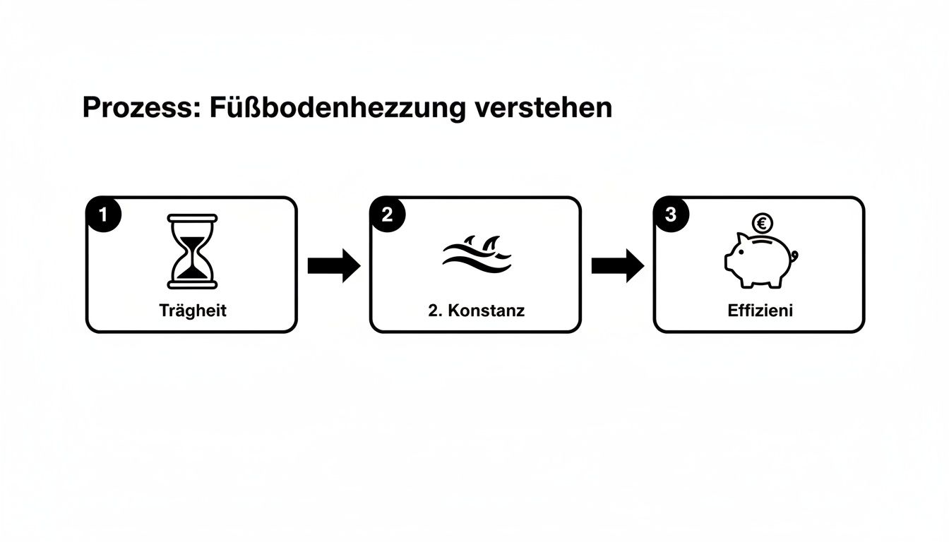 Schema zum Verständnis der Fußbodenheizung mit den Schritten Trägheit, Konstanz und Effizienz als Schlüssel zum effektiven Heizen.