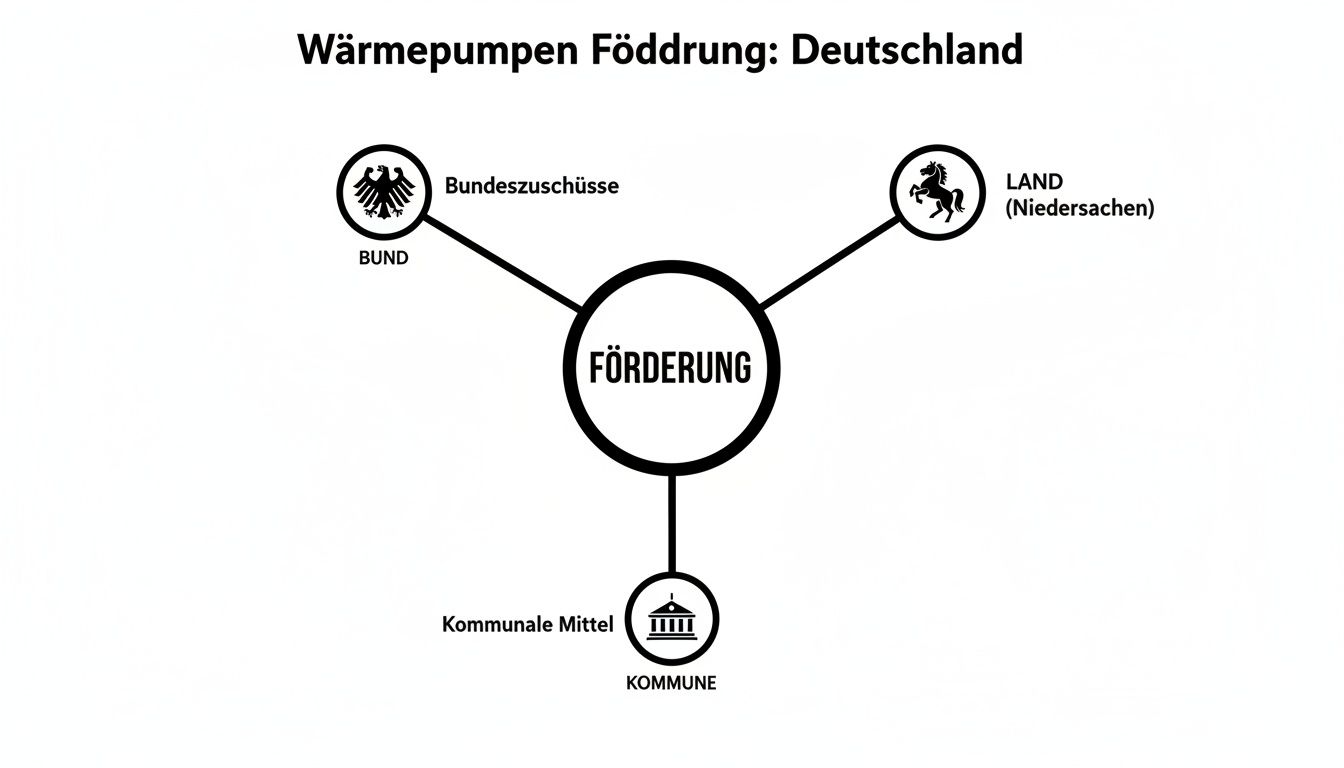 Diagramm zur Wärmepumpen-Förderung in Deutschland: Bundes-, Landes- (Niedersachsen) und kommunale Mittel fließen in die Unterstützung ein.