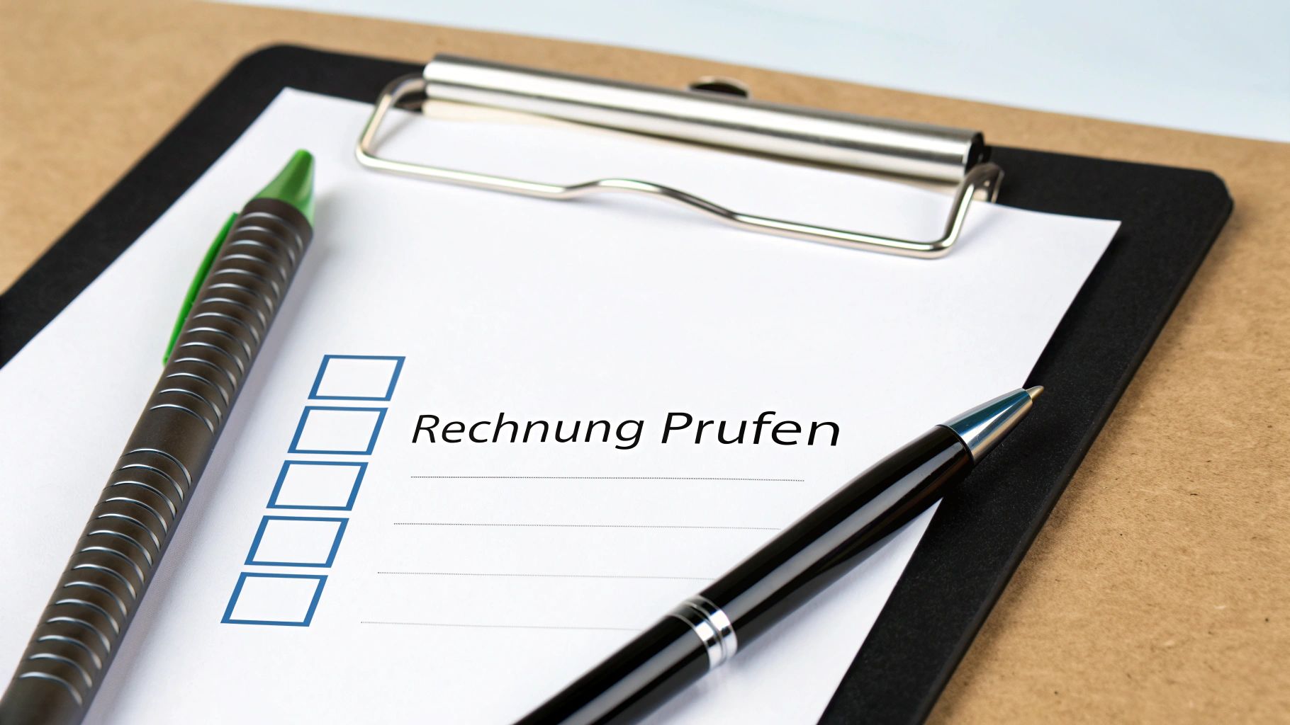 Klemmbrett mit Checkliste 'Rechnung Prüfen', leeren Kontrollkästchen und zwei Stiften für die Buchhaltung.