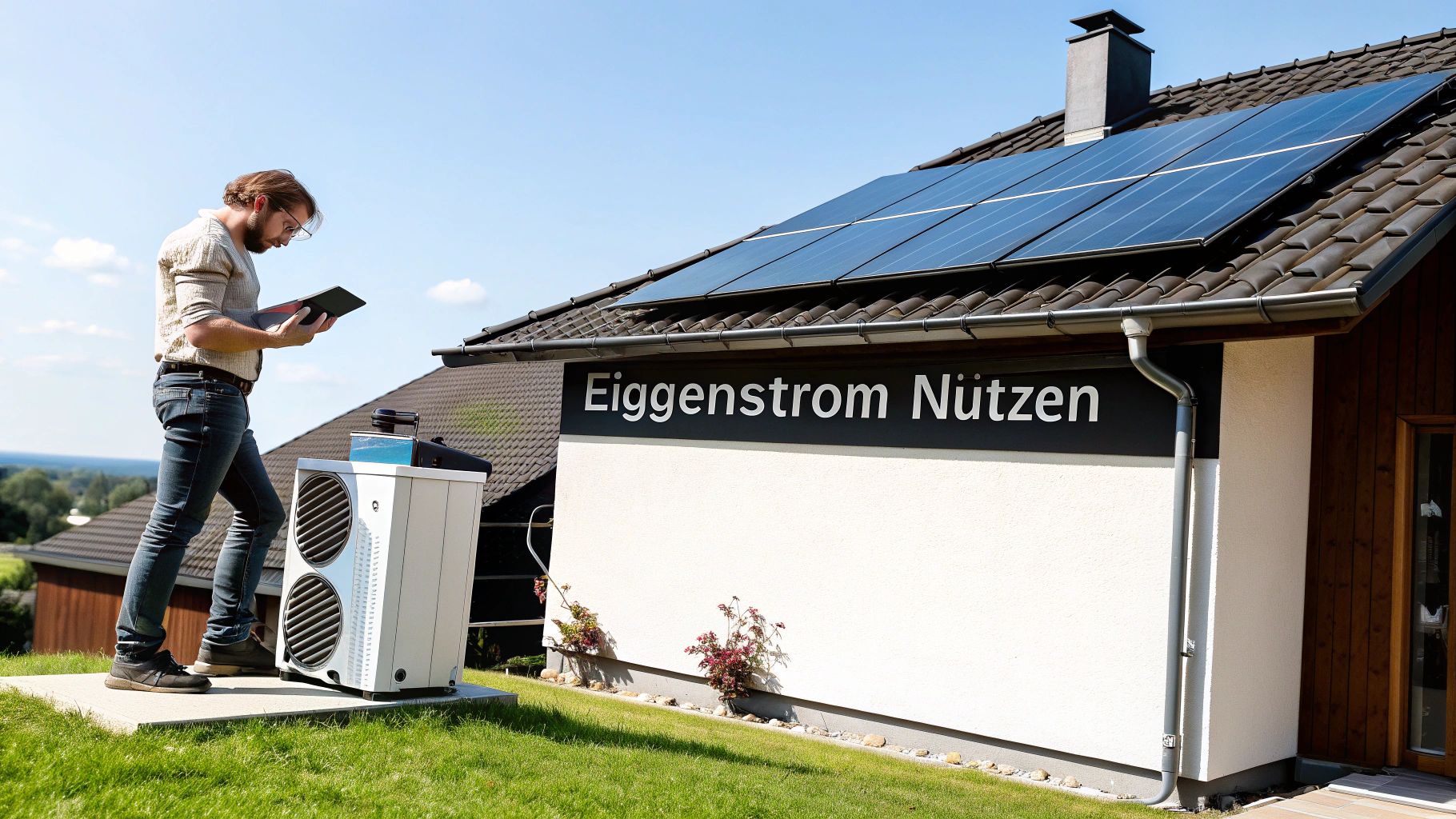 Ein Mann überprüft eine Wärmepumpe neben einem Haus mit Solaranlage und dem Schriftzug 'Eigenstrom Nützen'.