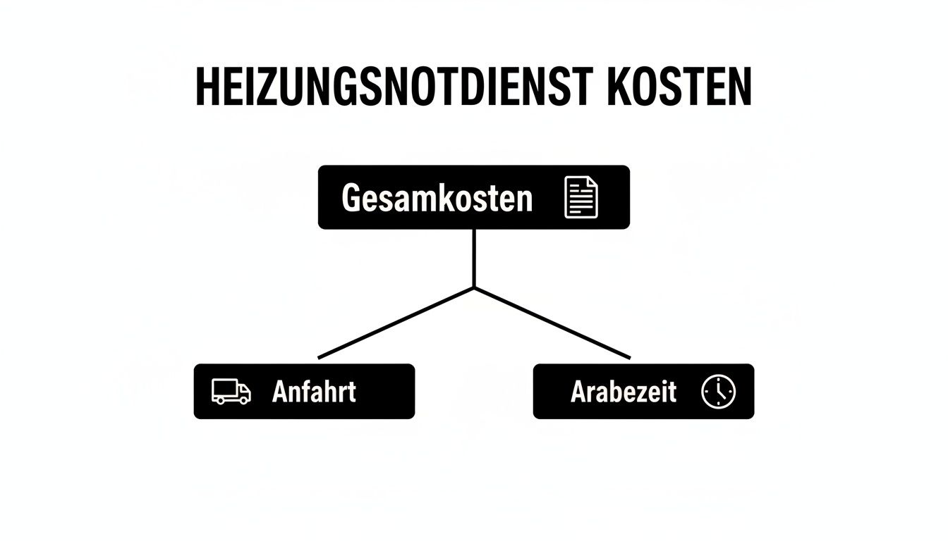 Übersicht der Heizungsnotdienst Kosten, aufgeteilt in Anfahrt und Arbeitszeit, mit Piktogrammen zur Verdeutlichung.