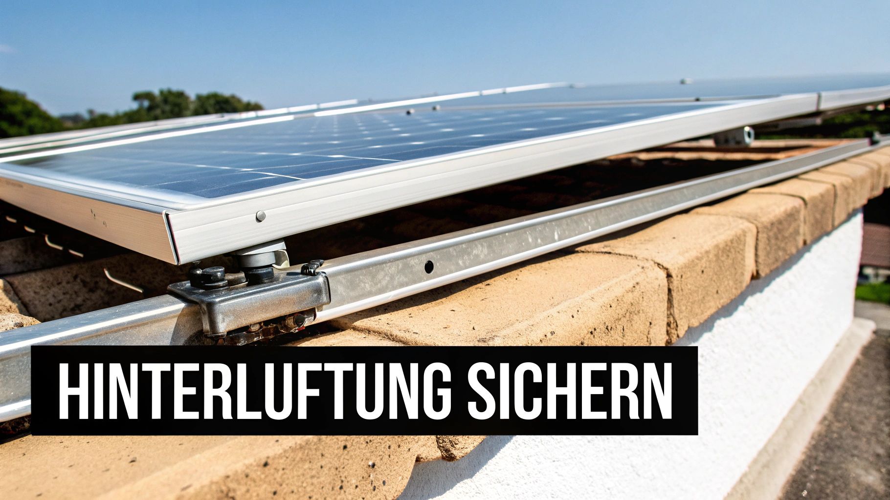 Nahaufnahme von PV-Modulen auf einem Ziegeldach, die mit einem Abstandssystem für Hinterlüftung montiert sind.