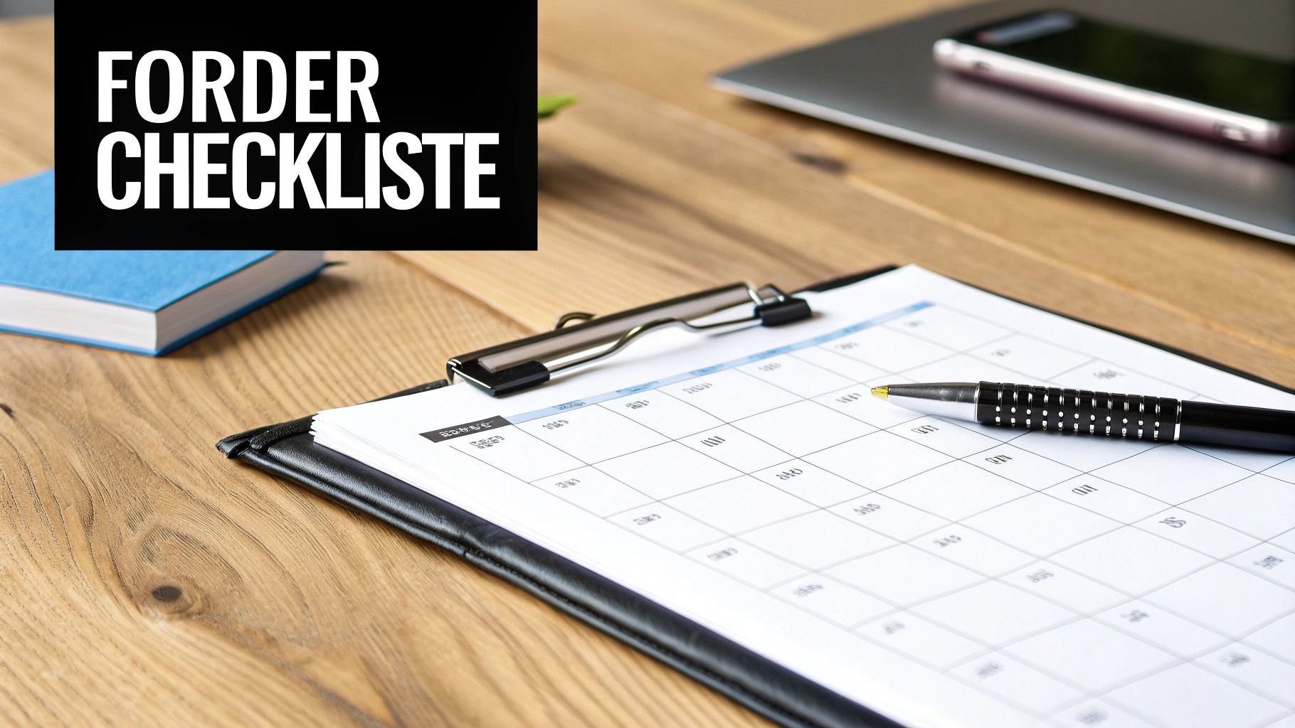 Eine Förder-Checkliste auf einem Klemmbrett, bereit zur Bearbeitung, auf einem Holztisch.