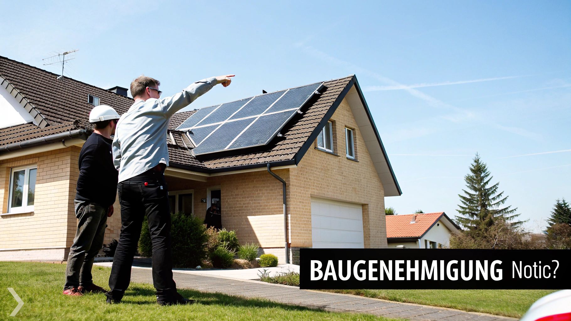 Experten begutachten eine Solaranlage auf einem Hausdach, besprechen eine Baugenehmigung für die Installation von PV-Modulen.