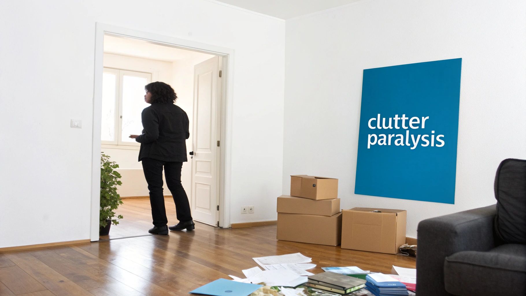A person stands at a doorway, looking into a cluttered room with moving boxes and papers, and a sign that reads "clutter paralysis."