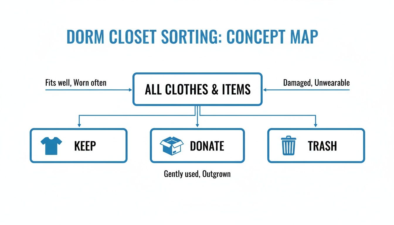 A concept map illustrating dorm closet sorting, guiding items into keep, donate, or trash categories.