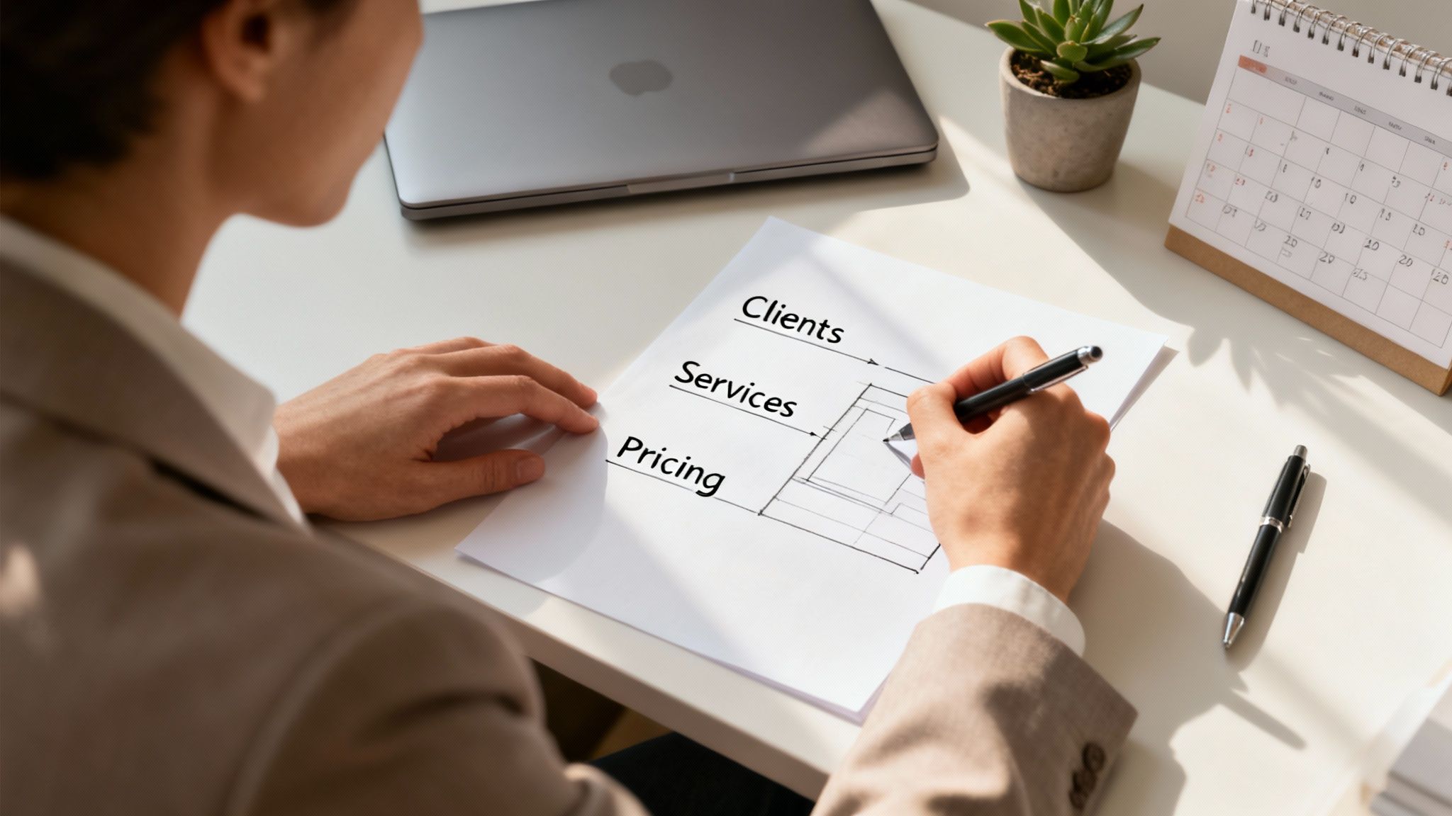 A person sketches a business plan diagram with 'Clients', 'Services', 'Pricing' on a desk with a laptop and calendar.