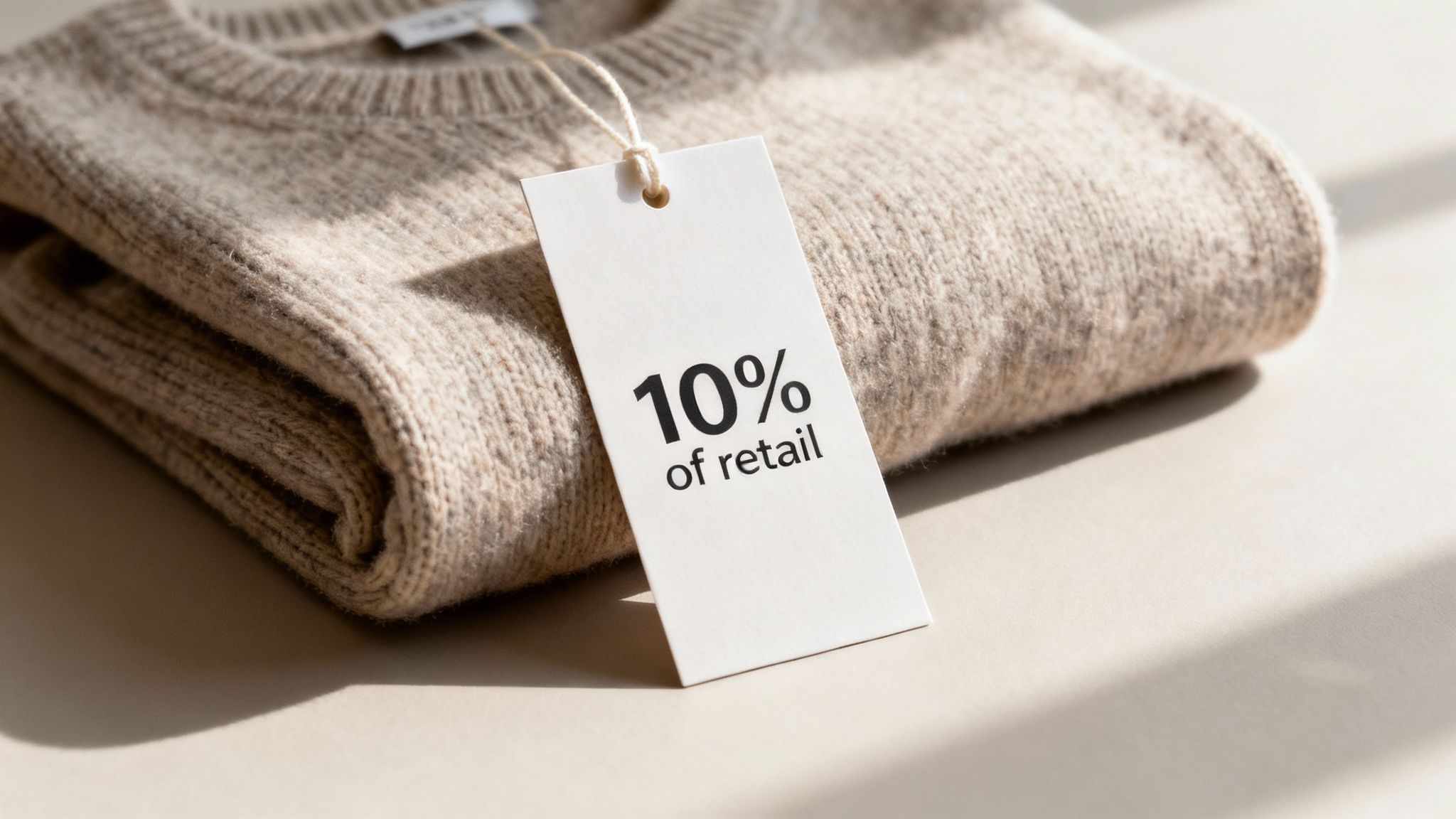 A neatly folded beige knitted sweater with a white price tag displaying '10% of retail'.