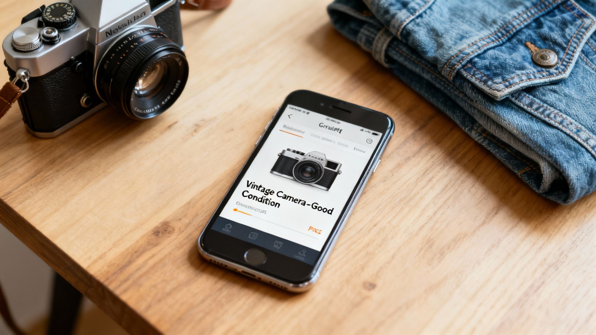 A flat lay showing a vintage camera, a smartphone with a camera listing, and a denim jacket on a wooden table.