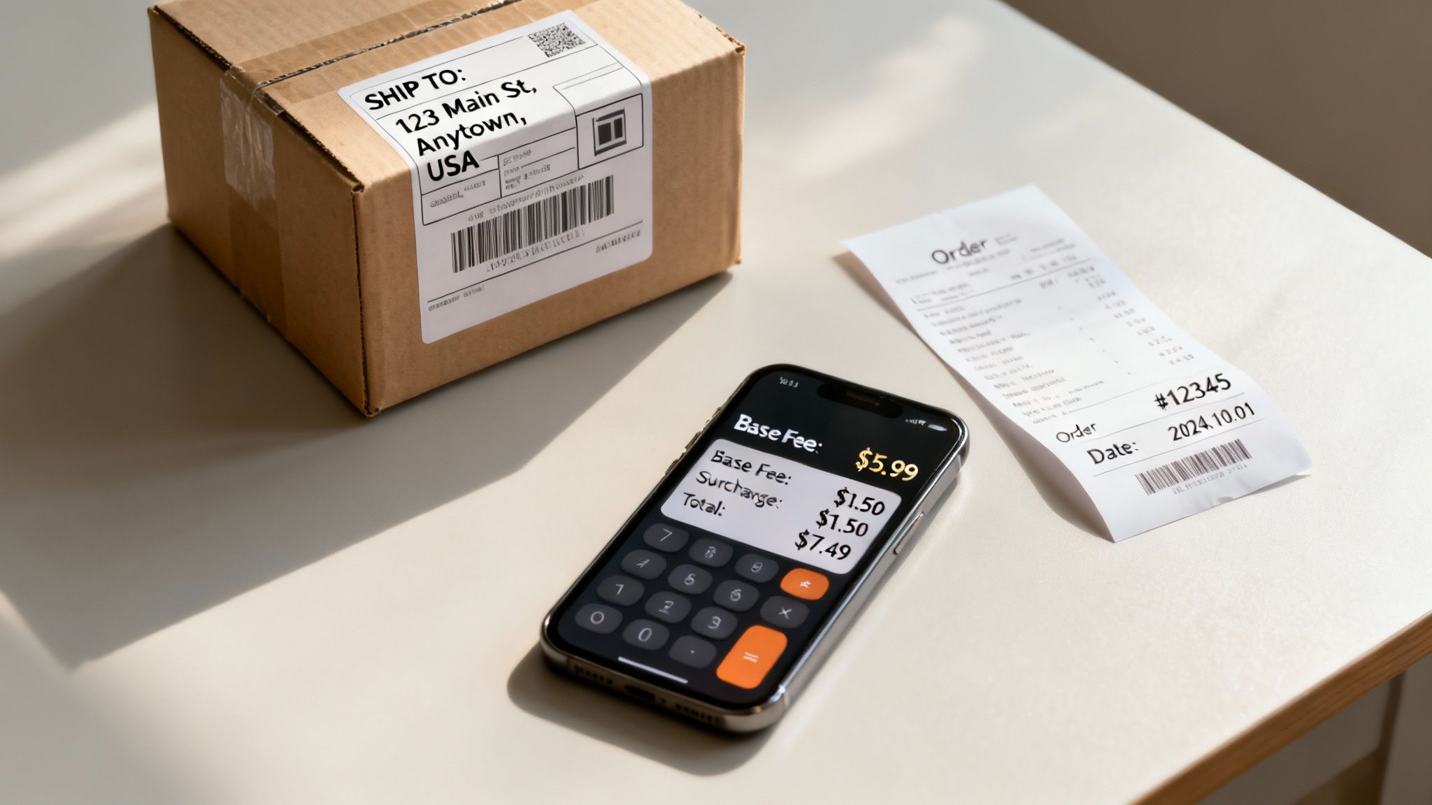 A shipping box with a label, a smartphone displaying fee calculation, and a paper order receipt on a table.