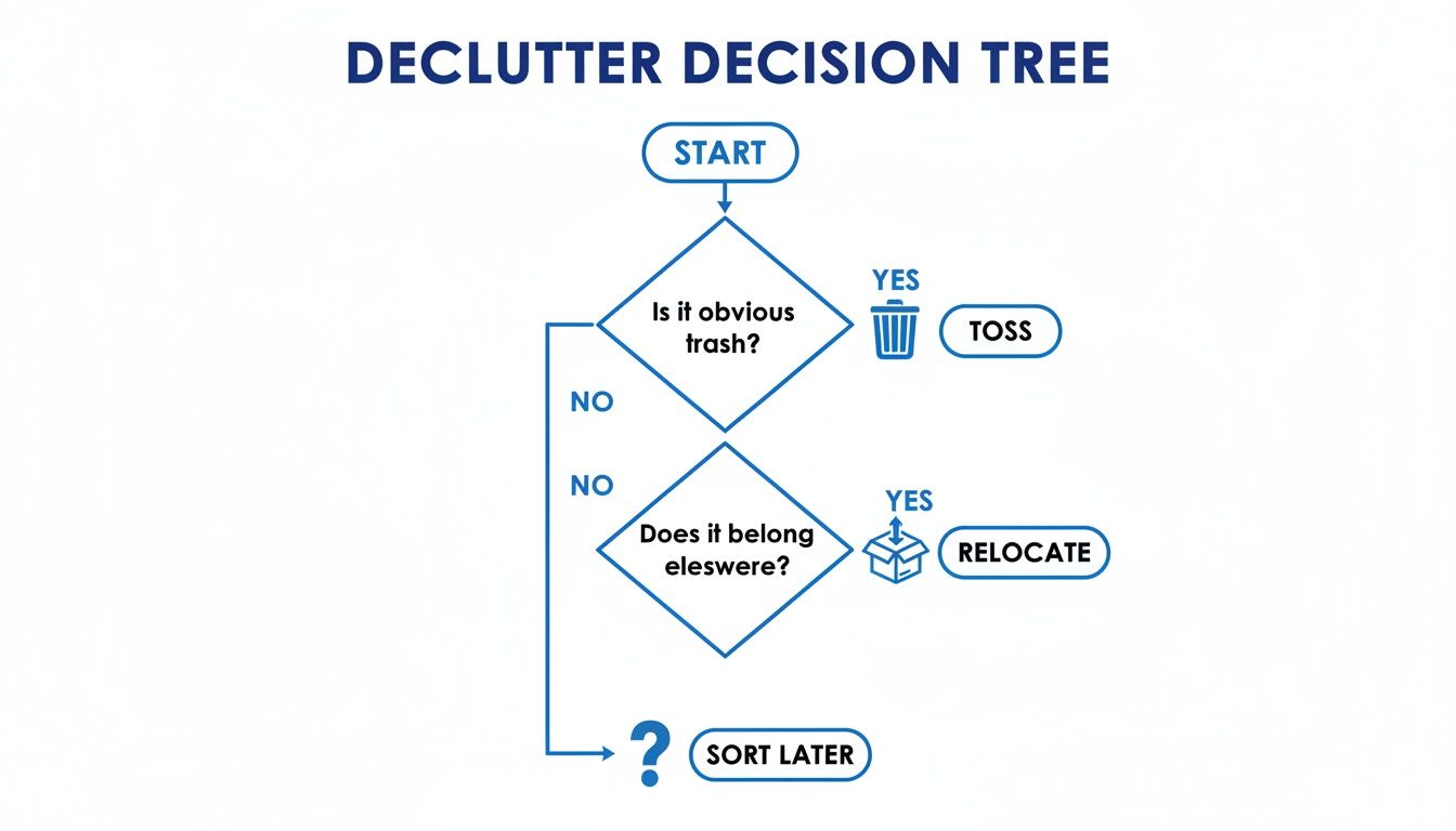Flowchart titled 'Declutter Decision Tree' with steps: Start, Is it obvious trash? (Yes to Toss, No), Does it belong elsewhere? (Yes to Relocate, No), Sort Later.