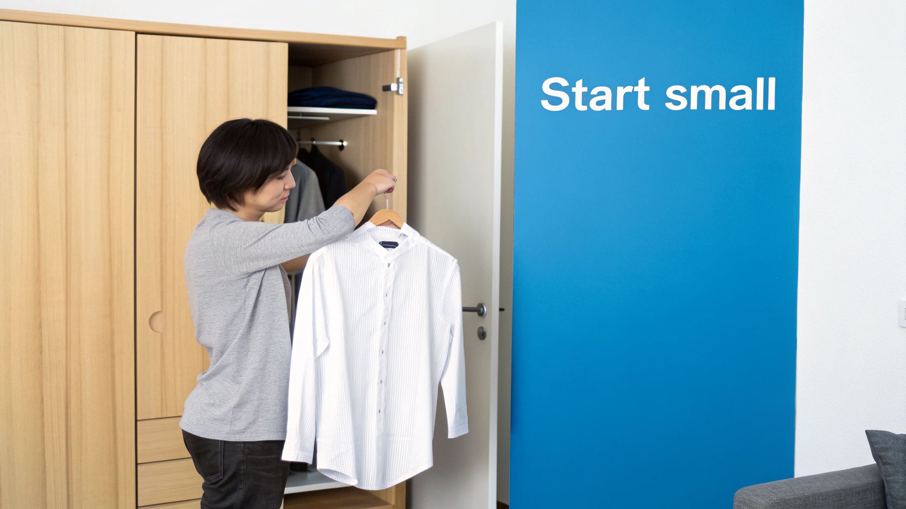 A person organizes a wooden wardrobe, holding a white shirt on a hanger. A blue wall with 'Start small' is visible.
