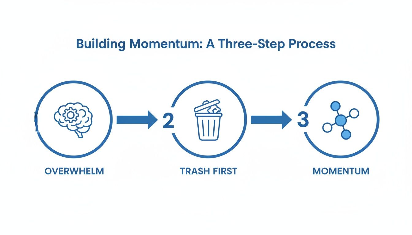 A three-step process diagram illustrating how to build momentum from overwhelm to action.