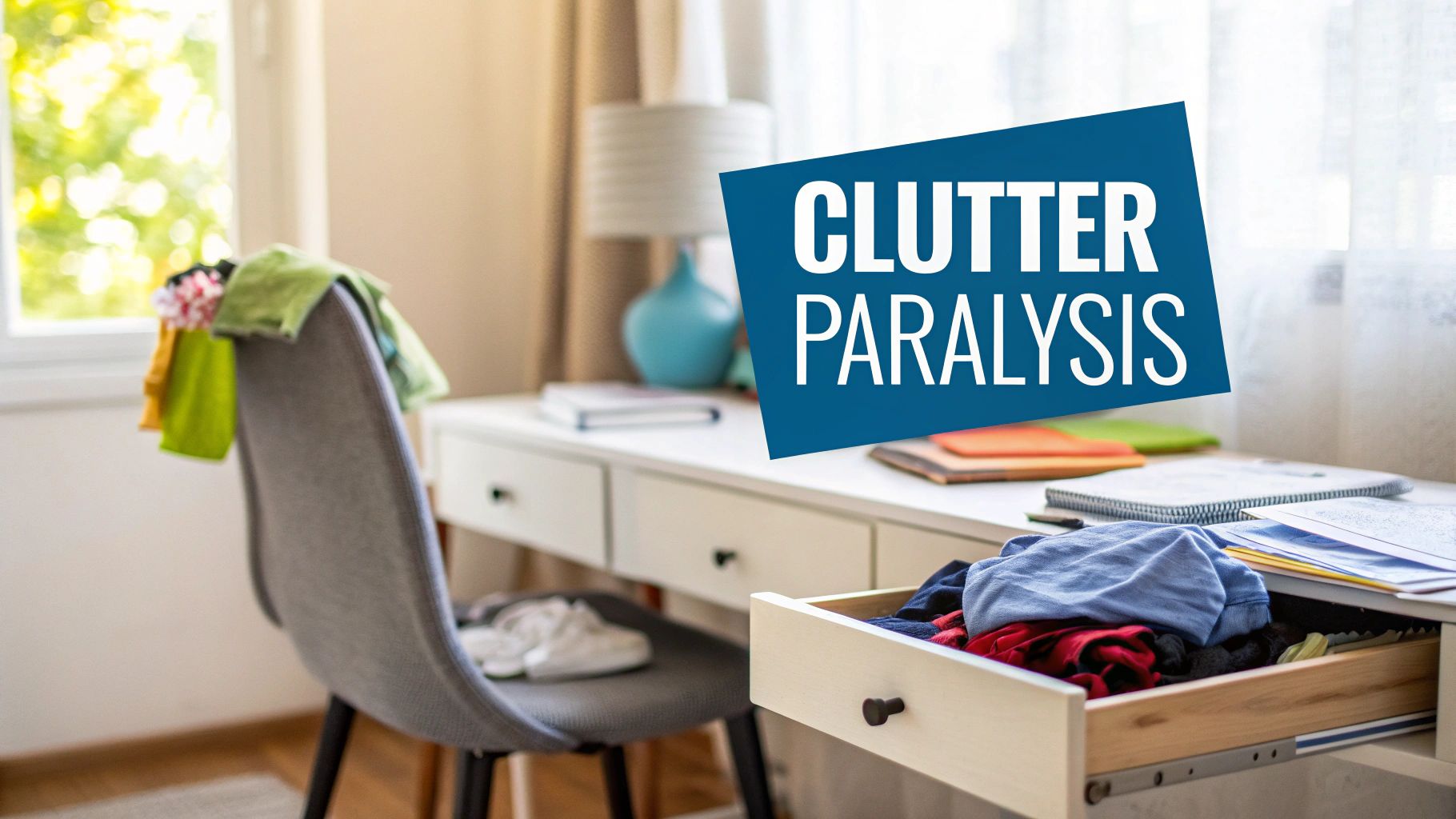 A messy desk and chair with clothes, an open drawer, and text 'CLUTTER PARALYSIS'.