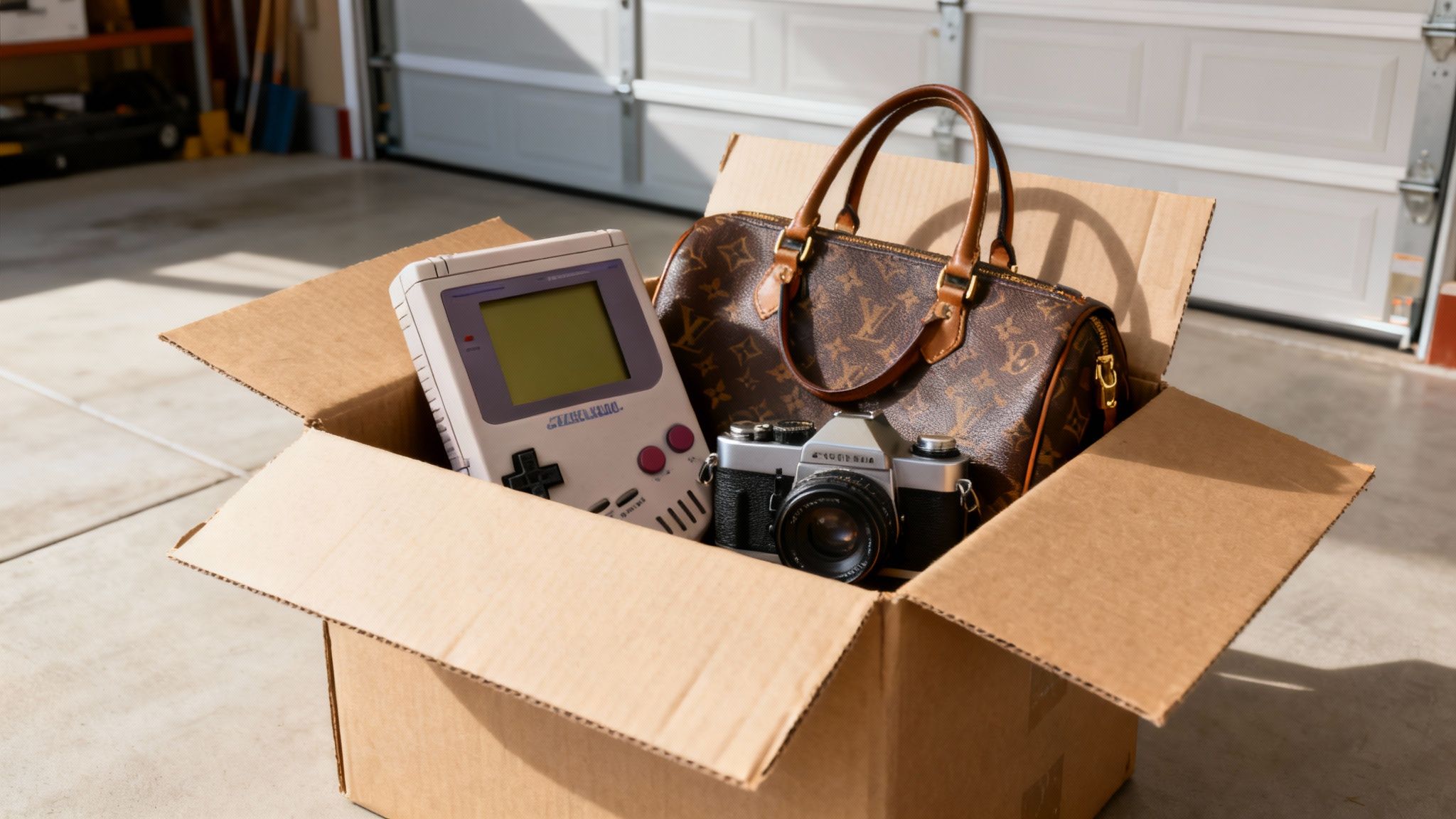 A cardboard box in a garage filled with a vintage Nintendo Game Boy, Louis Vuitton bag, and film camera.