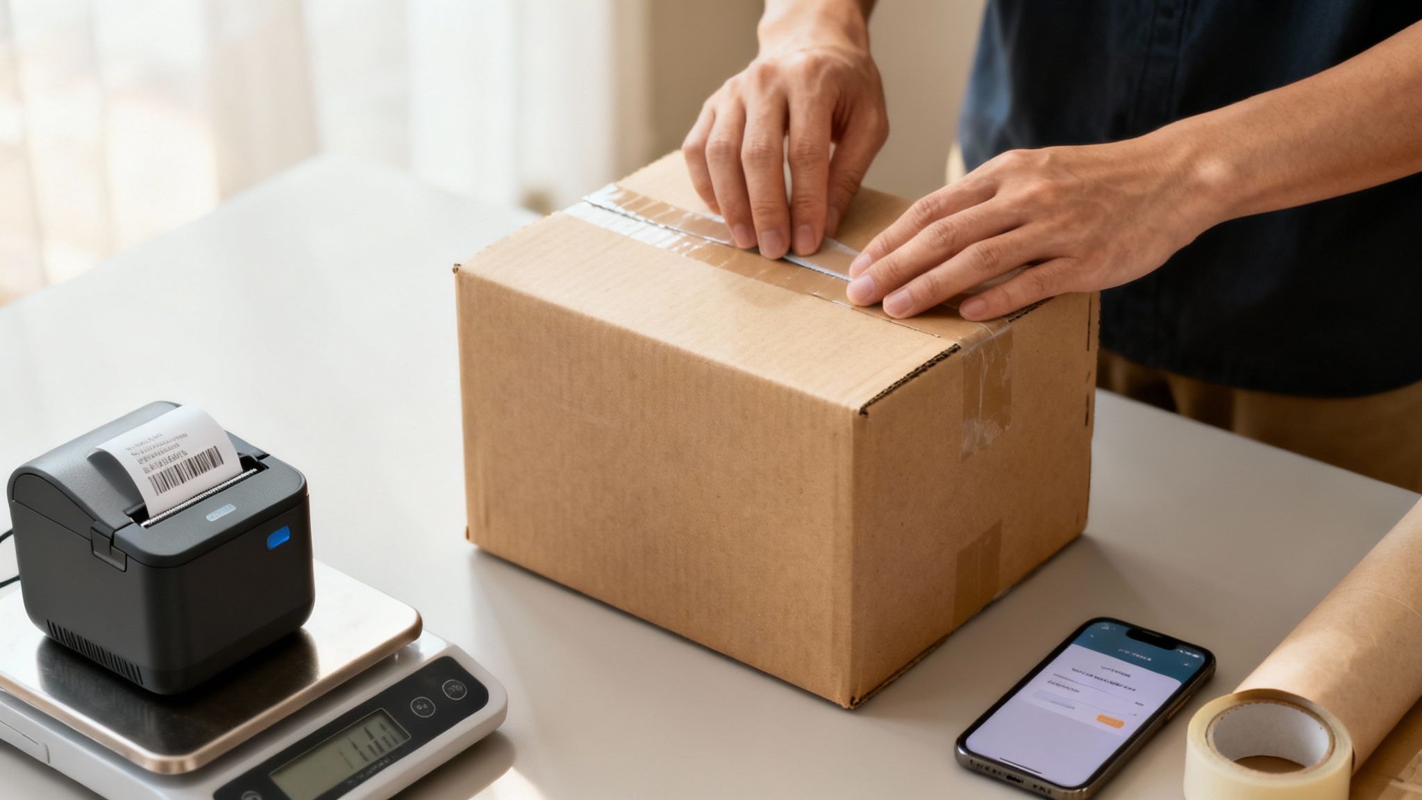 Close-up of hands taping a brown cardboard box on a table with a label printer, scale, and smartphone.